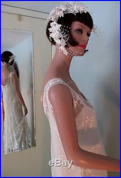Vintage 1920's Ivory Embroidered Silk Chiffon Drop Waist Wedding Dress Gown Slip