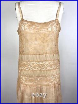 Vintage 1920s 1930s Cream Slip Beige Silk Lace Dress Nightgown Lingerie Negligee