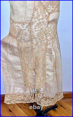 Vintage 1920s 1930s Cream Slip Beige Silk Lace Dress Nightgown Lingerie Negligee