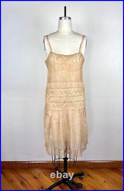 Vintage 1920s 1930s Cream Slip Beige Silk Lace Dress Nightgown Lingerie Negligee