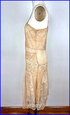 Vintage 1920s 1930s Cream Slip Beige Silk Lace Dress Nightgown Lingerie Negligee