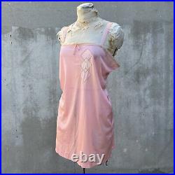 Vintage 1920s 1930s Pink Jersey Rayon Slip Dress Diamond Appliqués Ribbon Straps