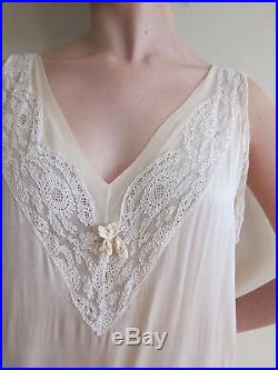 Vintage 1920s 20s Silk Lace Cream Slip Dress Nightgown Negligee Stewart & Co L