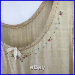 Vintage 1920s Art Deco Lot Of 2 Pongee Silk Ecru Hand Embroidered Slip Dresses