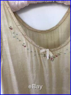 Vintage 1920s Art Deco Lot Of 2 Pongee Silk Ecru Hand Embroidered Slip Dresses