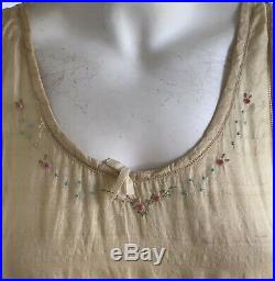 Vintage 1920s Art Deco Pongee Silk Slip Dress With Embroidered Flowers