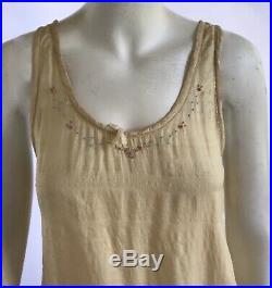 Vintage 1920s Art Deco Pongee Silk Slip Dress With Embroidered Flowers