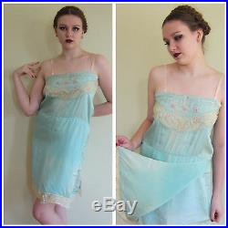 Vintage 1920s Blue Silk Embroidered Slip Dress Chemise Lace Flowers Size Large