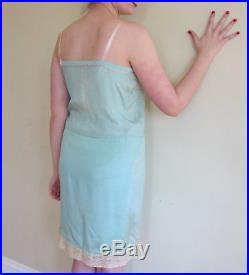 Vintage 1920s Blue Silk Embroidered Slip Dress Chemise Lace Flowers Size Large