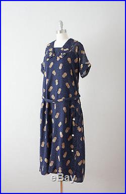 Vintage 1920s Dark Blue Cotton Polka Dot Dress and Slip Deco Print Day Dress