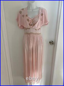Vintage 1920s French Pink Silk Nightgown Bed Jacket Cap Lace Antique Slip Dress