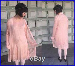 Vintage 1920s Pink Lace Silk Chiffon Flapper Deco Dress Jacket Slip 3 Piece Set