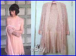 Vintage 1920s Pink Lace Silk Chiffon Flapper Deco Dress Jacket Slip 3 Piece Set