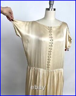 Vintage 1920s Plus Sized Cream Ivory Silk Slip Dress Buttons Snap Closures AS IS