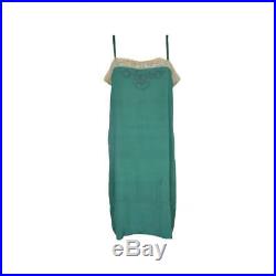 Vintage 1920s Silk Slip Dress Emerald Green Lace Embroidery M/L