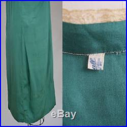 Vintage 1920s Silk Slip Dress Emerald Green Lace Embroidery M/L