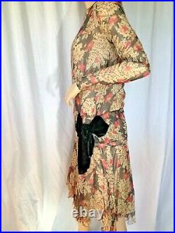 Vintage 1920s flapper Day Dress 100% silk Midi drop waist XS chiffon LS slip 30s