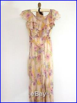 Vintage 1930-40's Romantic Sheer Floral Pink Dress with Ruffles &Tie With Slip