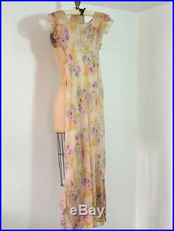 Vintage 1930-40's Romantic Sheer Floral Pink Dress with Ruffles &Tie With Slip