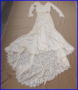 Vintage 1930's Custom Made Ivory Lace Wedding Dress With Satin Slip Size Small