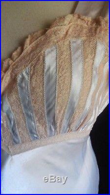 Vintage 1930's Pale Powder Blue Satin Lace Nightgown Slip Dress size Medium