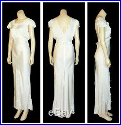 Vintage 1930's Silk & Rayon Satin Lace BIAS CUT Bridal Slip Nightgown Dress