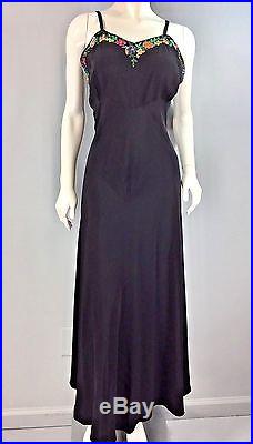 Vintage 1930S Black crepe slip Dress sequin flowers Empire waist 38 bust