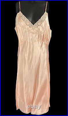 Vintage 1930s 1940s Rayon Satin Slip Gown Peach Gorgeous Lace 44 NOS