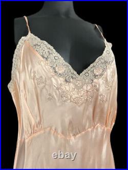 Vintage 1930s 1940s Rayon Satin Slip Gown Peach Gorgeous Lace 44 NOS