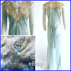 Vintage 1930s Art Deco Pale Blue Silk And Lace Bias Cut Slip Dress