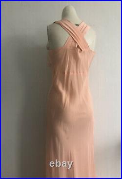 Vintage 1930s Art Deco Pink Rayon Slip Dress Bias Cut Fagoted Seam Criss-Cross