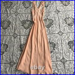 Vintage 1930s Art Deco Pink Rayon Slip Dress Bias Cut Fagoted Seam Criss-Cross