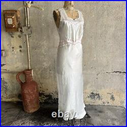 Vintage 1930s Art Deco White Satin Rayon Maxi Dress Red Embroidery Slip Bridal