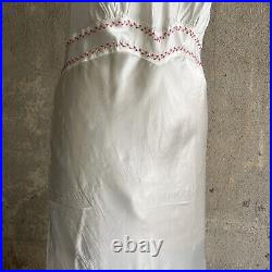 Vintage 1930s Art Deco White Satin Rayon Maxi Dress Red Embroidery Slip Bridal