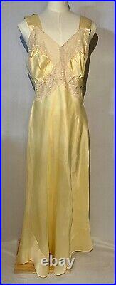 Vintage 1930s Artemis Yellow Satin Full Length Nightgown Lace Bias Cut Sz 34