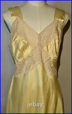 Vintage 1930s Artemis Yellow Satin Full Length Nightgown Lace Bias Cut Sz 34