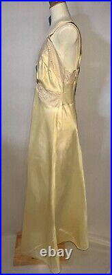 Vintage 1930s Artemis Yellow Satin Full Length Nightgown Lace Bias Cut Sz 34