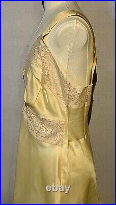 Vintage 1930s Artemis Yellow Satin Full Length Nightgown Lace Bias Cut Sz 34