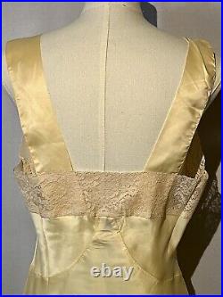 Vintage 1930s Artemis Yellow Satin Full Length Nightgown Lace Bias Cut Sz 34