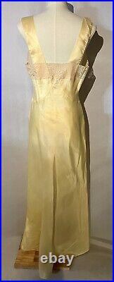 Vintage 1930s Artemis Yellow Satin Full Length Nightgown Lace Bias Cut Sz 34