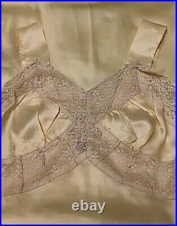 Vintage 1930s Artemis Yellow Satin Full Length Nightgown Lace Bias Cut Sz 34