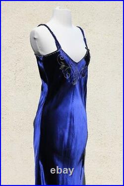 Vintage 1930s Bias Cut Navy Blue Embroidered Satin Gown Nightgown Slip Dress