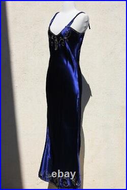 Vintage 1930s Bias Cut Navy Blue Embroidered Satin Gown Nightgown Slip Dress