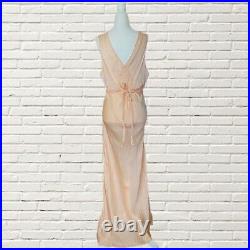 Vintage 1930s Bias Cut Silk Slip Dress Maxi Length Embroidered Beige Size M