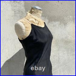 Vintage 1930s Black Silk Dress Slip Bias Cut Maxi Low Back Pink Straps