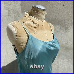 Vintage 1930s Blue Turquoise Blue Silky Dress Slip Low Back Bias Cut Maxi Straps