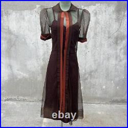 Vintage 1930s Brown Net Tulle Midi Dress Ribbon Trim Sheer With Slip Low Back