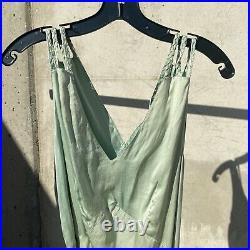 Vintage 1930s Celery Green Silk Satin Slip Dress Braided Straps & Belt Maxi