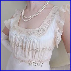Vintage 1930s Cream Silk Lace Negligee Slip Dress Nightgown Wedding Dress Small