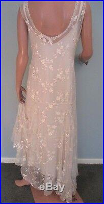 Vintage 1930s Dress Gown Ivory Embroidered Silk Chiffon Drop Waist Wedding Slip